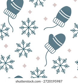 Snowflake and mittens seamless tile pattern with cozy winter elements and soft hues concept as Cozy winter elements like mittens paired with snowflakes create a seamless tile pattern with soft hues perfect for winter decor in Photo Stock Concept and empty space on the left side,no text --ar 7:2 --tile
