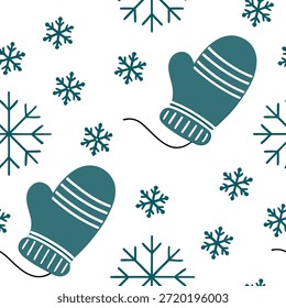 Snowflake and mittens seamless tile pattern with cozy winter elements and soft hues concept as Cozy winter elements like mittens paired with snowflakes create a seamless tile pattern with soft hues perfect for winter decor in Photo Stock Concept and empty space on the left side,no text --ar 7:2 --tile