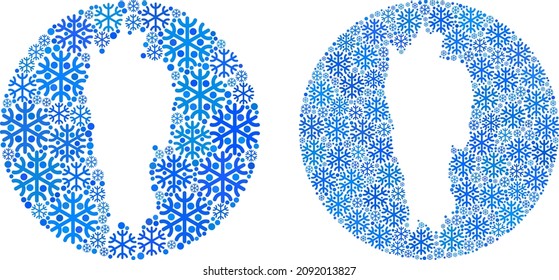 Snowflake Mizoram State map collage is created with sphere and subtracted shape. Vector Mizoram State map collage of snow parts in different sizes and blue color tints. Created for New Year projects.