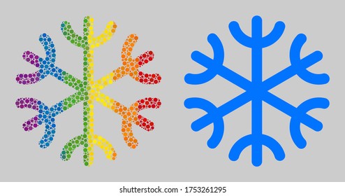 Snowflake mosaic icon of filled circles in variable sizes and rainbow color tints. A dotted LGBT-colored Snowflake for lesbians, gays, bisexuals, and transgenders.