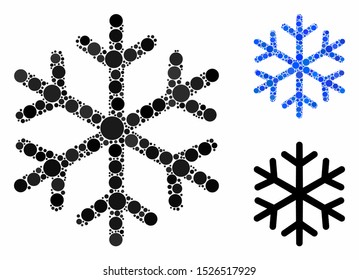 Snowflake mosaic for snowflake icon of round dots in different sizes and color tones. Vector round dots are combined into blue mosaic. Dotted snowflake icon in usual and blue versions.