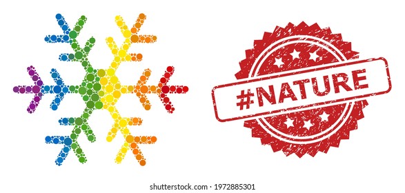 Snowflake mosaic icon of round spots in various sizes and LGBT bright color hues, and hashtag Nature unclean rosette stamp seal. A dotted LGBT-colored Snowflake for lesbians, gays, transgenders,
