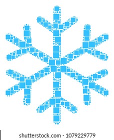 Snowflake mosaic icon of square figures and circles in various sizes. Vector objects are organized into snowflake composition design concept.