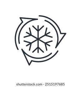 Copo de nieve con flecha en movimiento. Control del frío. Congélate, descongela. Icono lineal de Vector aislado sobre fondo blanco.