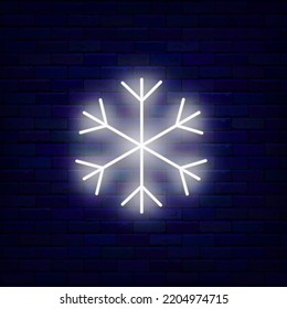 Snowflake neon icon. Simple item. Ice cream symbol. Happy new year and Merry Christmas. Season winter decoration. Light label on brick wall. Editable stroke. Vector stock illustration