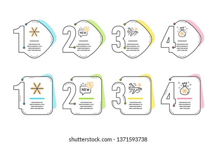 Snowflake, New and Airplane travel icons simple set. Santa sack sign. Air conditioning, Discount, Trip flight. Gifts bag. Holidays set. Infographic timeline. Line snowflake icon. 4 options or steps