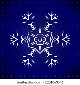  Snowflake for the new year . Linear round figure, as the vintage ornament. White radial objects on the blue background in vector. Decoration for christmas