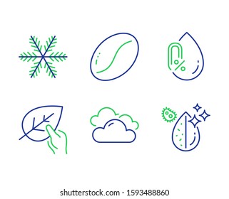 Snowflake, No alcohol and Organic tested line icons set. Coffee beans, Cloudy weather and Dirty water signs. Air conditioning, Mineral oil, Paraben. Vegetarian seed. Nature set. Vector