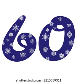 Snowflake Number Sixty Vector Illustration. Number 60 With Snowflakes. Number With A Pattern From Snowflakes
