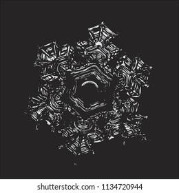 Snowflake on black background. This vector illustration based on macro photo of real snow crystal: beautiful star plate with fine hexagonal symmetry, six short, broad arms and glossy relief surface.