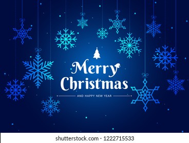Snowflake on blue background for Merry Christmas and Happy New Year. Welcome winter  with falling snow. Vector illustration 