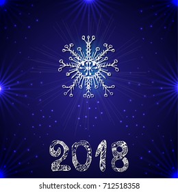 Snowflake on a blue background. New Year 2018. Vector illustration