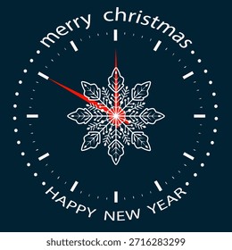Copo de nieve en un reloj en una ilustración de Navidades. Ilustración de año Nuevo de Vector con un hermoso copo de nieve dentro de un reloj y texto sobre un fondo azul.