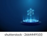 Snowflake on futuristic podium. Climate change, environmental protection, cryogenic technologies, medical cryopreservation, biobanking, blood storage, cell preservation, refrigeration concept. Vector.