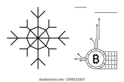 Copo de nieve a la izquierda y símbolo de Bitcoin integrado con líneas de circuito y gráfico de barras a la derecha. Ideal para temas de tecnología, temas de finanzas, temas de invierno, criptomonedas y naturaleza. Sencillo