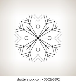 Snowflake  on a Light Background, Merry Christmas and Happy New Year,  Christmas Decoration, Line Style , Black and White Vector Illustration