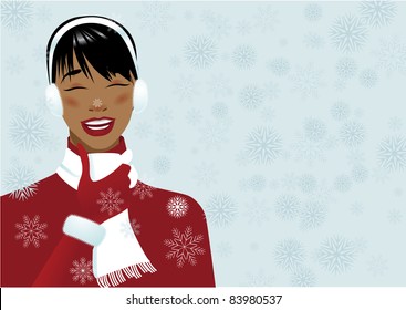 Snowflake on my nose A cute girl in earmuffs and scarf with a snowflake on her nose.