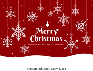 Snowflake on red background for Merry Christmas and Happy New Year. Welcome winter  with falling snow. Vector illustration 