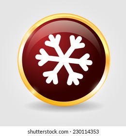 Snowflake on the red shiny button with metallic elements, vector design for website.