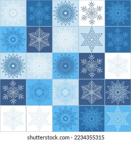 Snowflake on square background seamless pattern for textile and scrapbook design. Vector illustration blue christmas decoration snow icicle tile