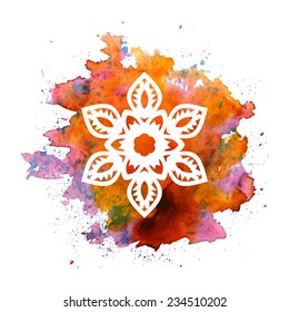 Snowflake on watercolor blot. Vector illustration.
