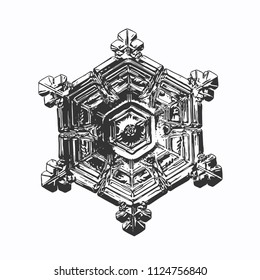Snowflake on white background. This vector illustration based on macro photo of real snow crystal: beautiful star plate with fine hexagonal symmetry, six short, broad arms and glossy relief surface.