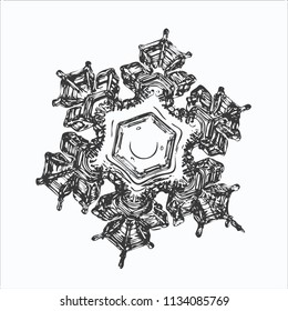 Snowflake on white background. This vector illustration based on macro photo of real snow crystal: beautiful star plate with fine hexagonal symmetry, six short, broad arms and glossy relief surface.
