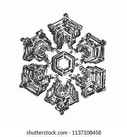 Snowflake on white background. This vector illustration based on macro photo of real snow crystal: large star plate with fine hexagonal symmetry, six short, broad arms and complex inner details.