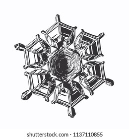 Snowflake on white background. This vector illustration based on macro photo of real snow crystal: beautiful star plate with perfect hexagonal symmetry, relief surface and unusual central pattern.