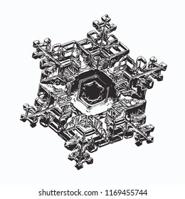 Snowflake on white background. This vector illustration based on macro photo of real snow crystal: beautiful star plate with fine hexagonal symmetry, six short, broad arms and glossy surface.