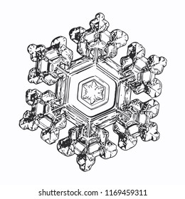 Snowflake on white background. This vector illustration based on macro photo of real snow crystal: unusual star plate with six short, broad arms, glossy surface and complex inner structure.