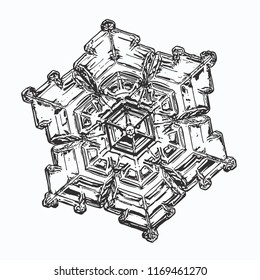 Snowflake on white background. This vector illustration based on macro photo of real snow crystal: small star plate with six short, broad arms, glossy surface and complex inner structure.