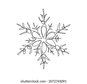 Snowflake one line art. Continuous line drawing of new year, holidays, christmas, traditional, snow, blizzard, snowy, winter, oldfashioned, decoration, decor.