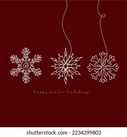 Snowflake one line art vector. Continuous line drawing set of snowflakes, winter holidays theme. Happy New Year and Merry Christmas