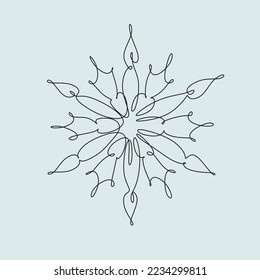 Snowflake vector de arte de una línea. Dibujo continuo de copos de nieve, tema de vacaciones de invierno. Feliz Año Nuevo y Feliz Navidad