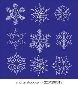 Snowflake vector de arte de una línea. Dibujo continuo de copos de nieve, tema de vacaciones de invierno. Feliz Año Nuevo y Feliz Navidad