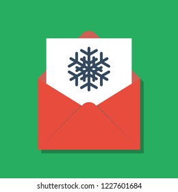 snowflake in opened red xmas envelope, flat vector illustration