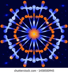 A snowflake of orange and blue against a starry sky of dark blue. Background, texture for creating a winter pattern, illustrations for decorating Christmas gifts.