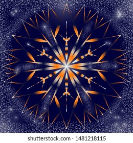 Snowflake orange and blue in the night sky with bright stars and snow. Winter vector illustration for christmas design.