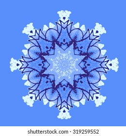 Snowflake ornament. Decorative round lace ornate mandala. Victor image pen and ink.Colorful background. Invitation, wedding card, scrapbooking. 5 spot color.