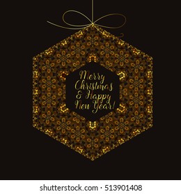 snowflake ornament gold thread with congratulations with Christmas and New Year.