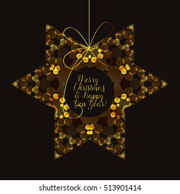 snowflake ornament gold thread with congratulations with Christmas and New Year.
