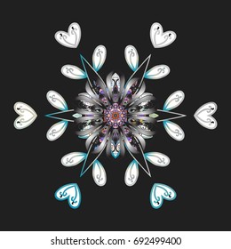 Snowflake ornament object. Snowflake ornament Vector illustration. White and gray leaves mandala isolated. Snowflake ornament on a dark background.