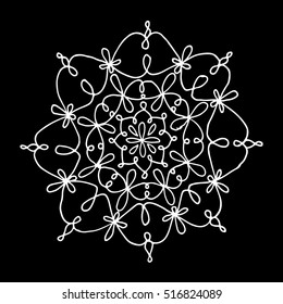 Comedor de copos de nieve sobre fondo negro. Vector ornamento de copo de nieve. Objeto ornamental de copo de nieve. Aislado adorno con copos de nieve. Navidad con copos de nieve. Mandala ornamental de copos de nieve. Elemento de adorno de copo de nieve
