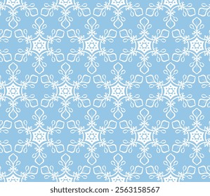 Snowflake ornament pattern. Blue seamless design. Graphic background with snow elements. Blue and white repetitive illustration for decoration. Winter wallpaper art. Digital paper.