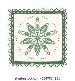 Snowflake ornament and retro frame. Vector hand drawn doodle illustration isolated on white background.