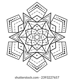 Ilustración vectorial de ornamento de copo de nieve. Mandala geométrica sobre fondo blanco. Estrella con seis rayos. Diseño decorativo. Diseño monocromo de tatuajes en blanco y negro.