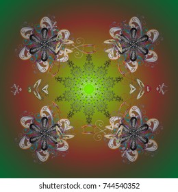 Snowflake ornament Vector illustration. Snowflake ornament object. Snowflake ornament on a yellow, red, green background. Mandala isolated.