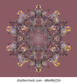 Snowflake ornament Vector illustration. Snowflake ornament on a dark pink background. Mandala isolated. Snowflake ornament object.