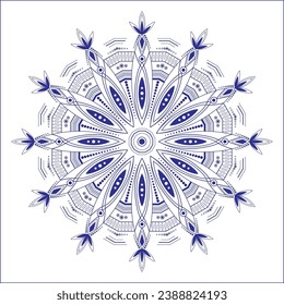 Snowflake ornament vector illustration. White mandala on blue background. Decorative design element for winter mood. Christmas snowflake on white background. Geometric pattern with star. 
